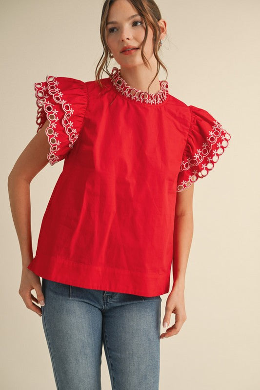 Womens Jodifl Red Solid Flutter Sleeves Top