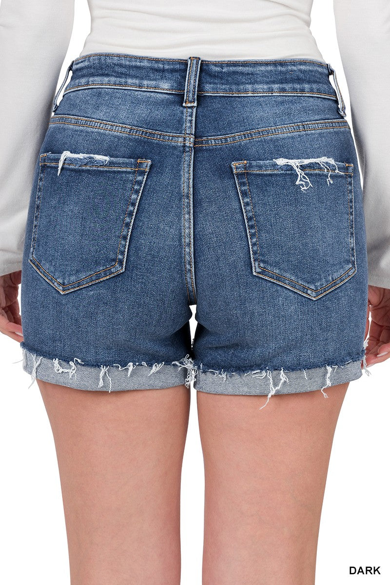 Zenana Womens Distressed Cuffed Raw Hem Dark Denim Shorts