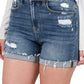 Zenana Womens Distressed Cuffed Raw Hem Dark Denim Shorts