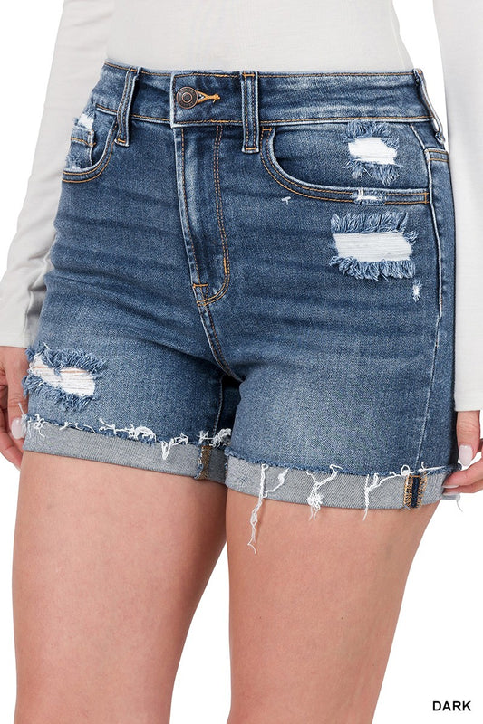 Zenana Womens Distressed Cuffed Raw Hem Dark Denim Shorts