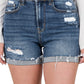 Zenana Womens Distressed Cuffed Raw Hem Dark Denim Shorts