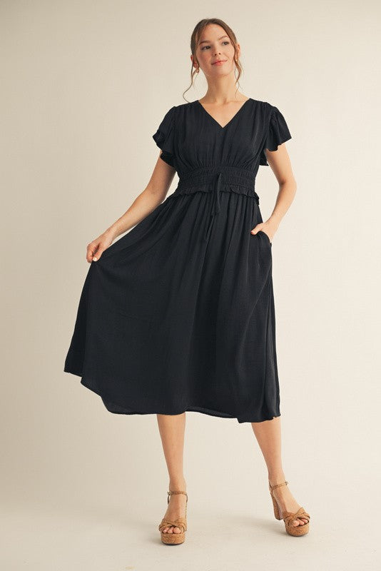 Womens Jodifl Black Flutter Sleeves Solid Midi Dress