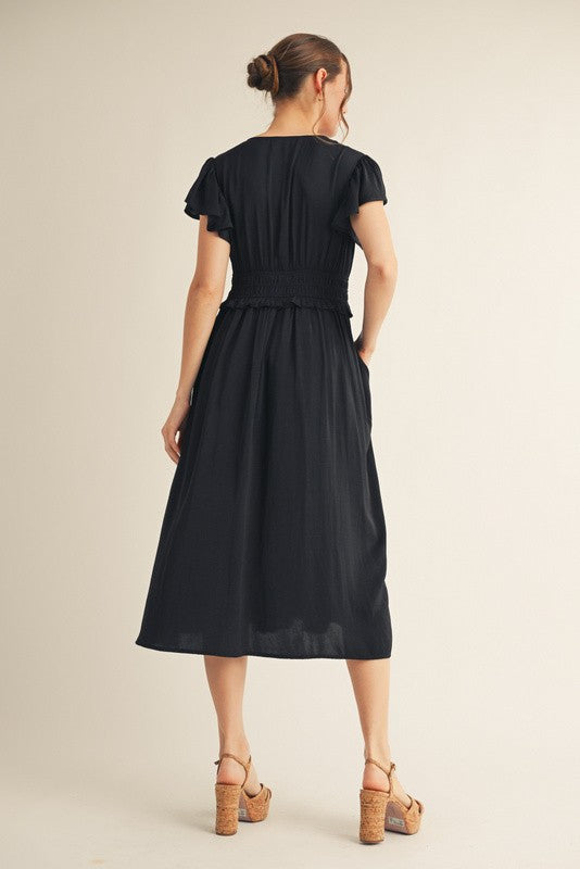 Womens Jodifl Black Flutter Sleeves Solid Midi Dress