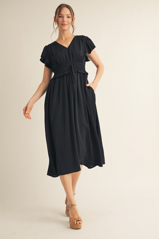 Womens Jodifl Black Flutter Sleeves Solid Midi Dress