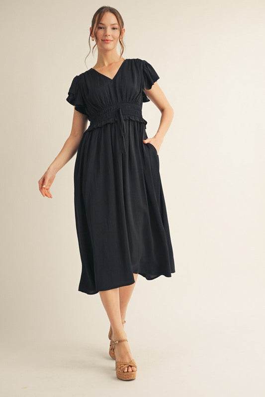 Womens Jodifl Black Flutter Sleeves Solid Midi Dress