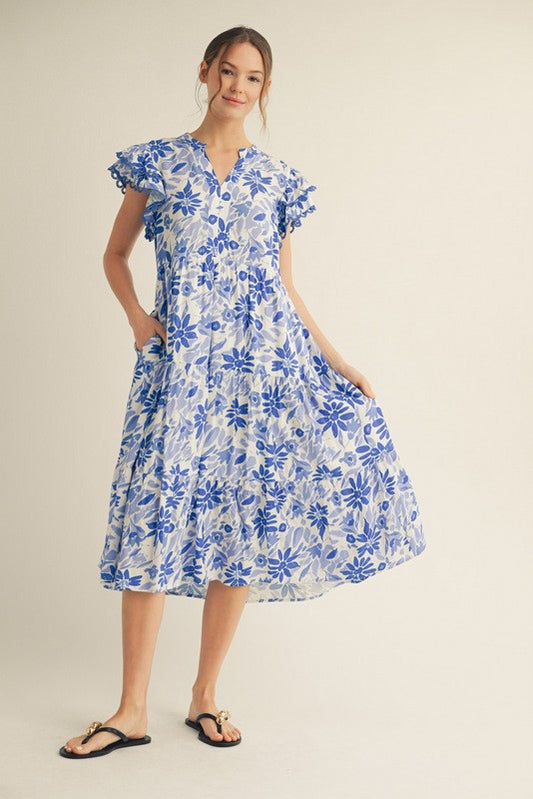 Womens Jodifl Blue Ruffle Sleeves Floral Tiered Midi Dress