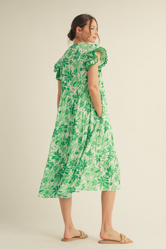 Womens Jodifl Green Ruffle Sleeves Floral Tiered Midi Dress