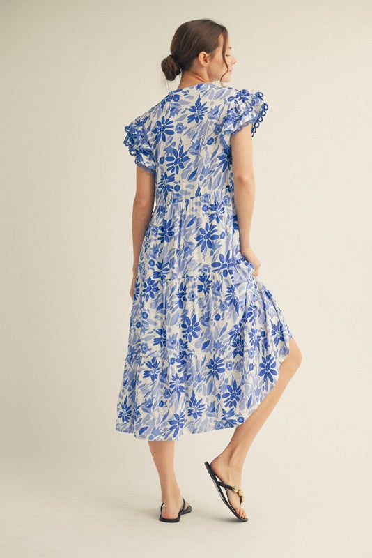 Womens Jodifl Blue Ruffle Sleeves Floral Tiered Midi Dress