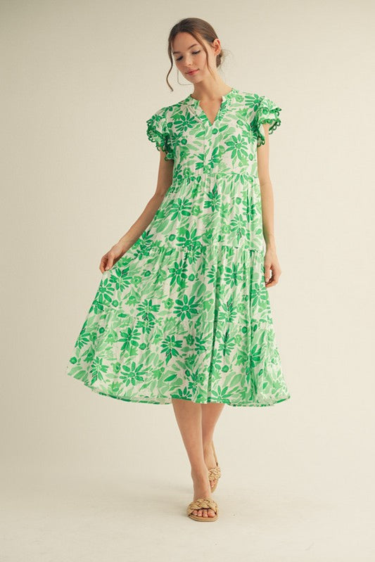 Womens Jodifl Green Ruffle Sleeves Floral Tiered Midi Dress