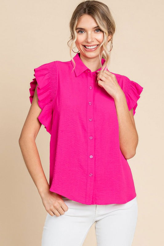 Womens Jodifl Hot Pink Solid Smocked Ruffle Shoulder Top