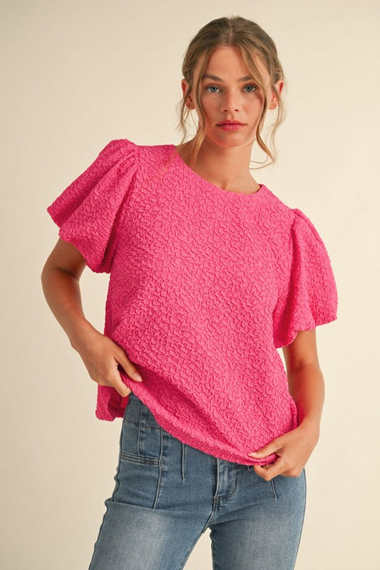 Womens Jodifl Pink Textured Short Puffed Sleeves Top
