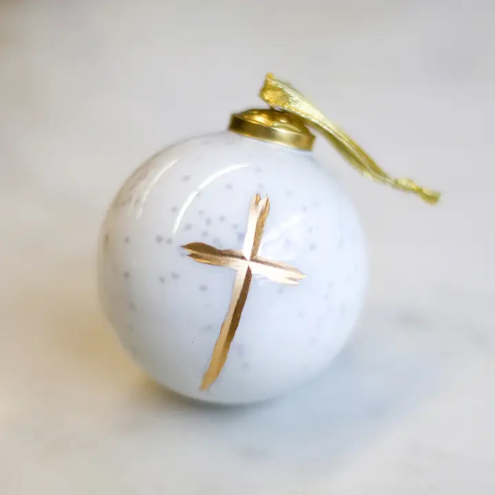 4" Cruix Glass Ball Ornament White/Gold