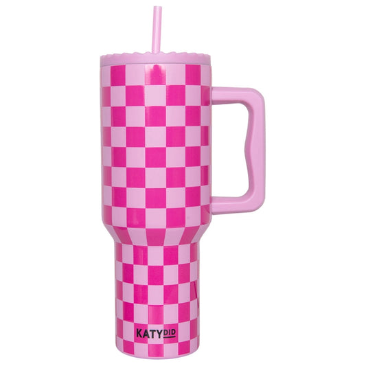 KATYDID PINK CHECKERED STAINLESS STEEL TUMBLER