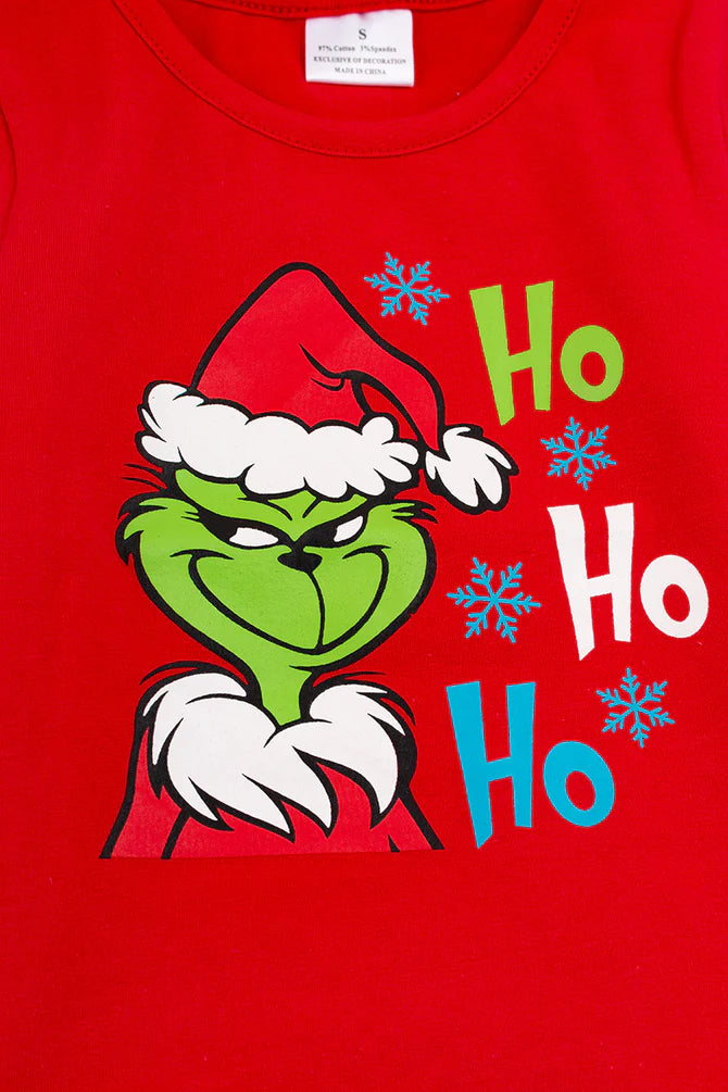 Girls Grinch Ho Ho Ho Red Graphic Long Sleeve Top & Turquoise Printed Bottoms
