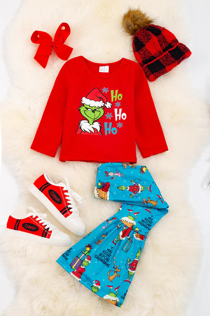 Girls Grinch Ho Ho Ho Red Graphic Long Sleeve Top & Turquoise Printed Bottoms