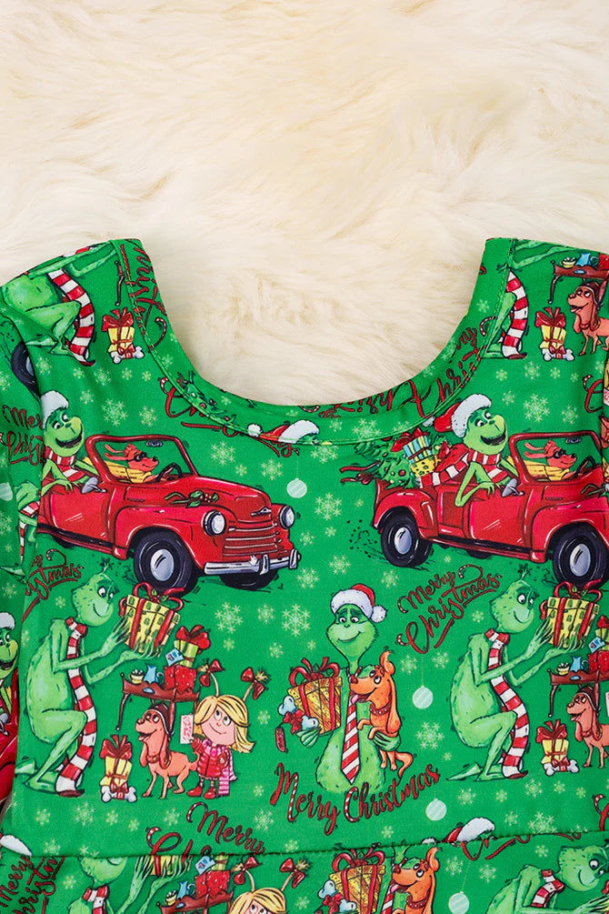 Girls Grinch Car Ride / Christmas Character Printed Dress