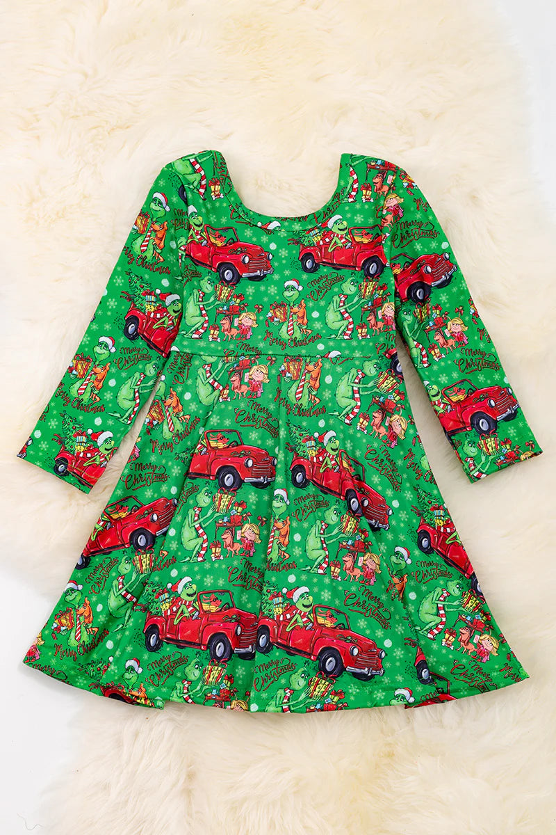 Girls Grinch Car Ride / Christmas Character Printed Dress
