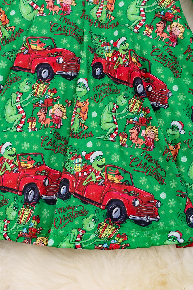 Girls Grinch Car Ride / Christmas Character Printed Dress