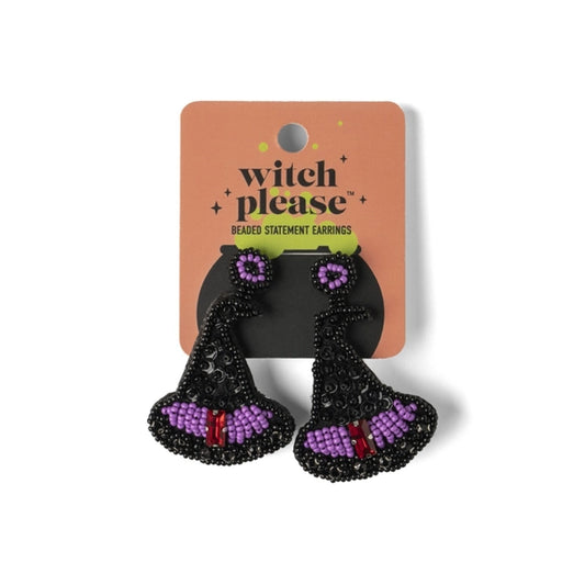 Halloween Witch Please Beaded Statement Earrings - Witch Hat