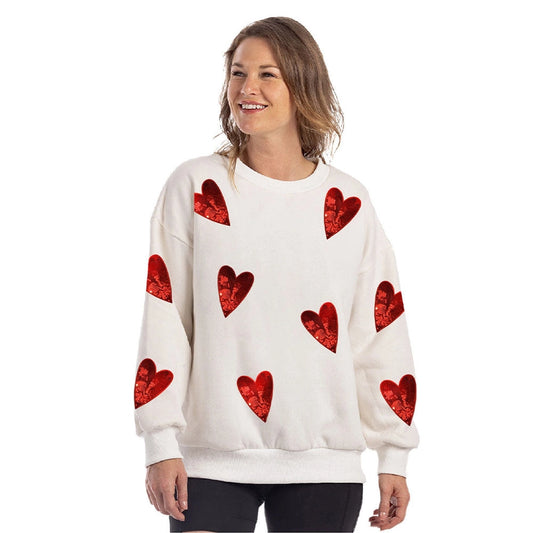 Katydid Womens Sequined Hearts Valentine's Day Chenille Patch Sweatshirt