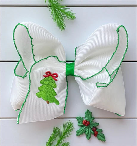 5" Christmas Tree Embroidered Green Moon Stitch Bow