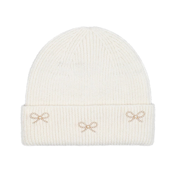 C.C Kids Pearl Bow Embellished Cuff Beanie Ivory