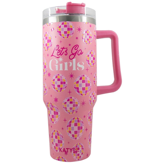 Katydid Pink Let's Go Girls Tumbler Cup with Straw and Handle