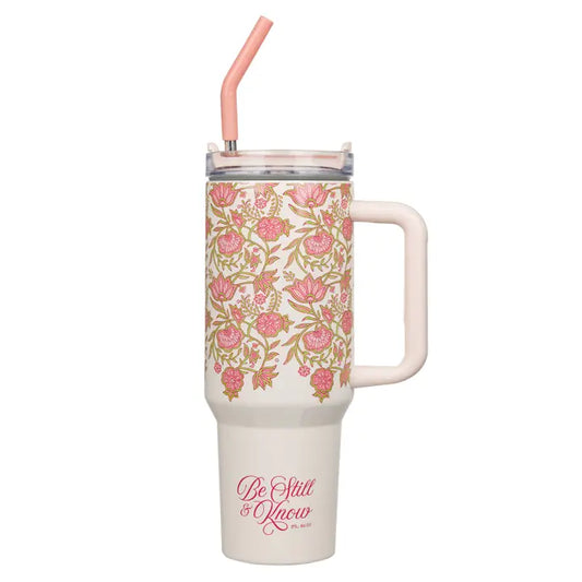 Pink Floral Be Still And Know Tumbler With Straw