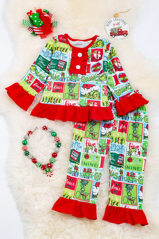 Girls Grinch Pajamas Set With Red Ruffle Trim