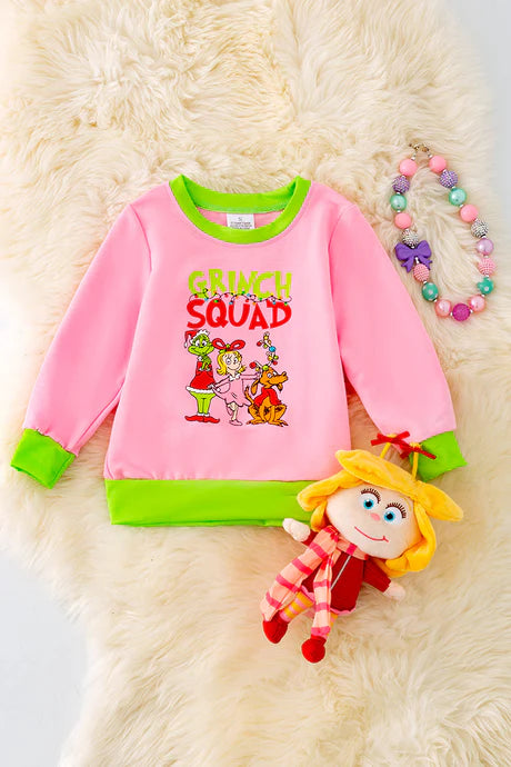 Girls Pink Christmas Sweatshirt With Neon Green Trim