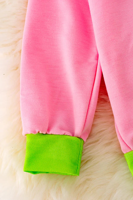 Girls Pink Christmas Sweatshirt With Neon Green Trim