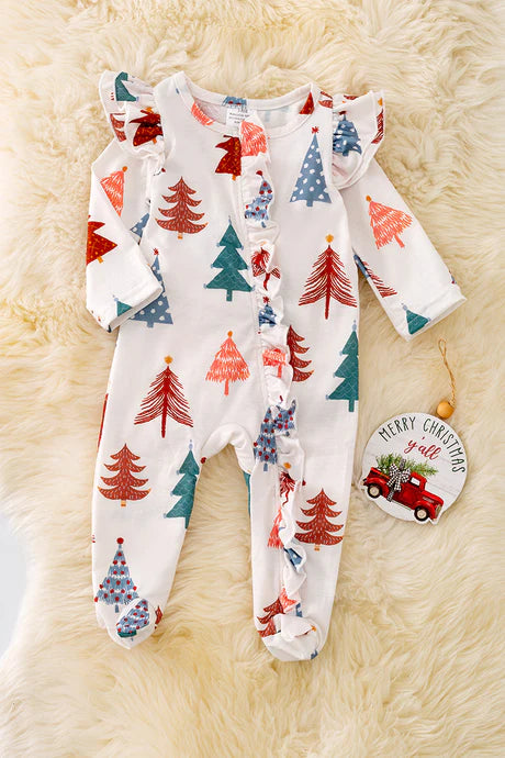Girls Christmas Tree Printed Onesie With Ruffles
