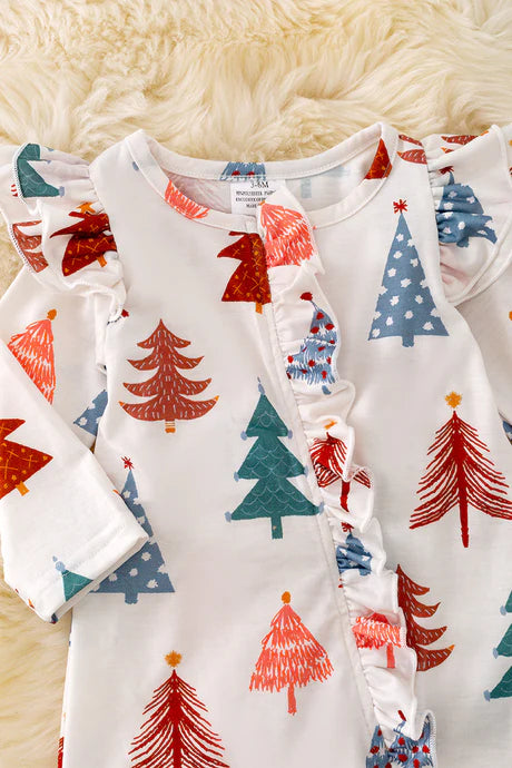 Girls Christmas Tree Printed Onesie With Ruffles