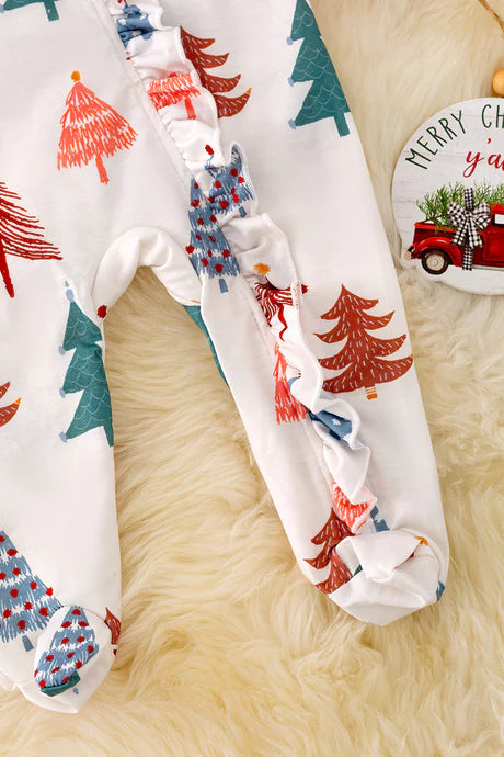 Girls Christmas Tree Printed Onesie With Ruffles