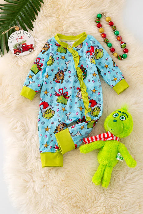 Girls Christmas Grinch Baby Onesie With Ruffle Trim