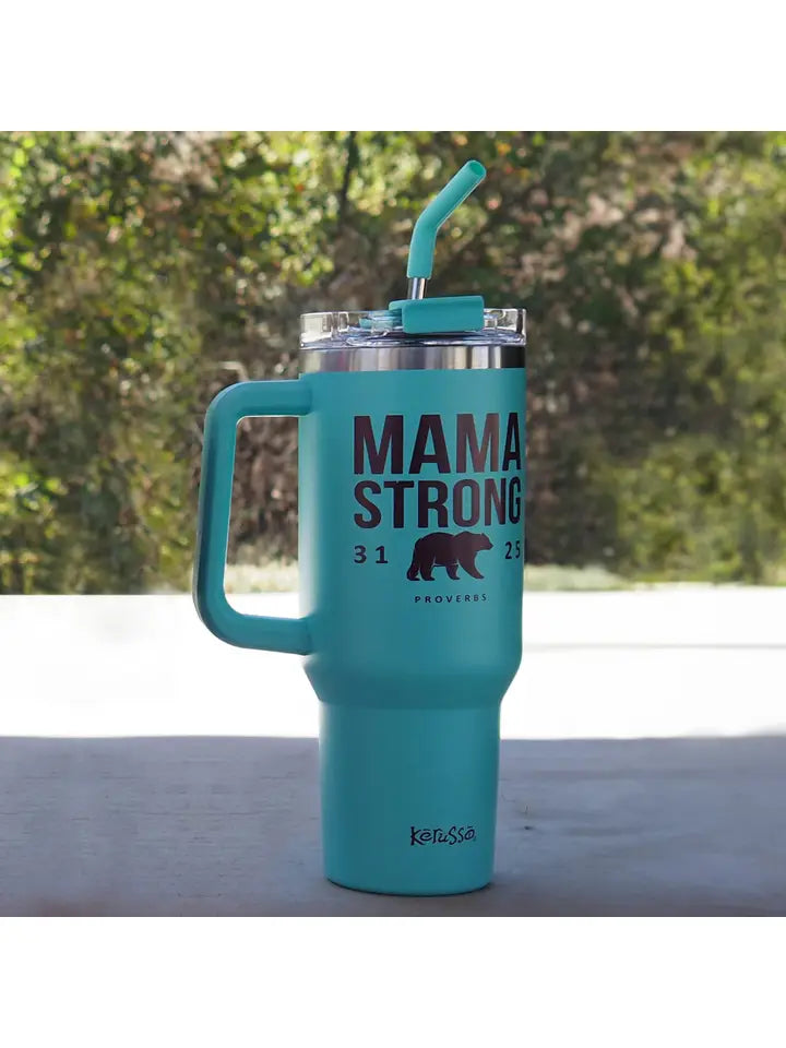 Kerusso 40 oz Steel Mug with Straw Mama Strong Bear