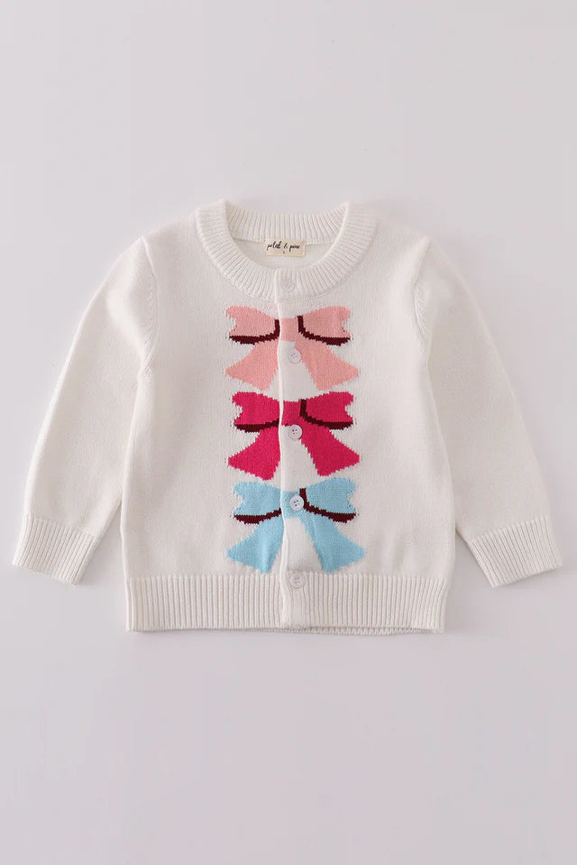 Girls White Bow Tie Cardigan Sweater