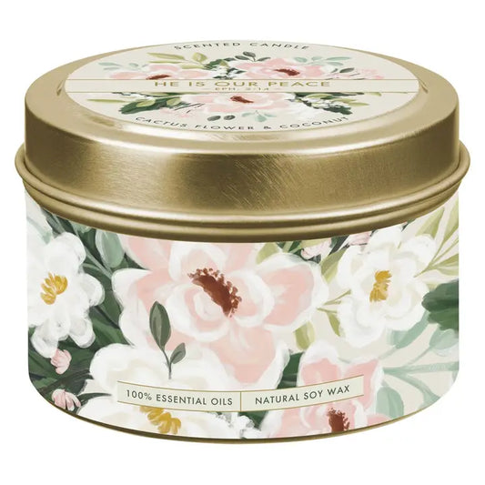 Tin Candle Floral White Our Peace Eph. 2:14
