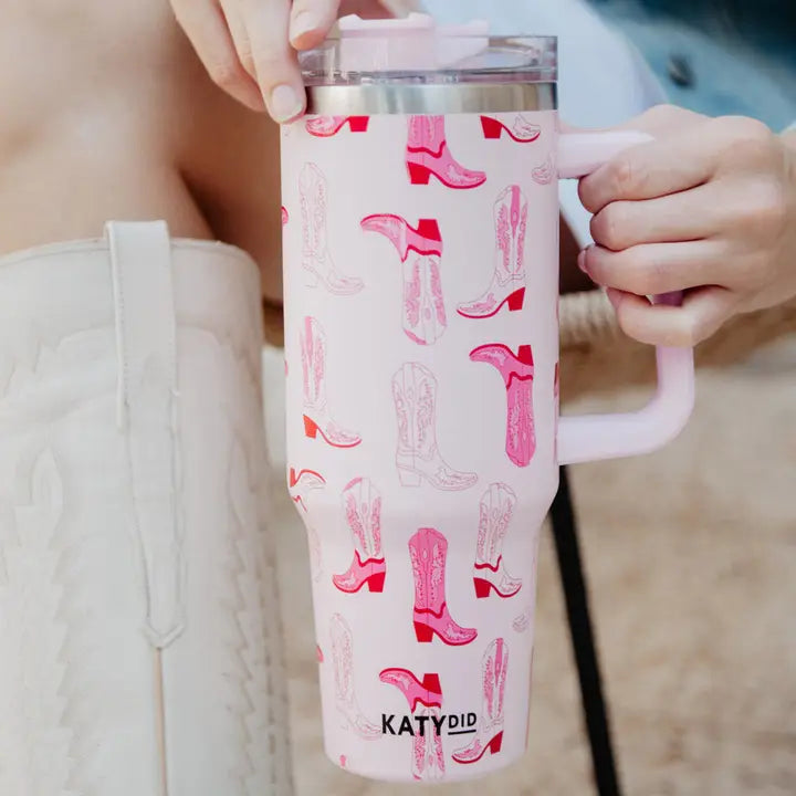Katydid Light Pink Western Boots Tumbler Cup With Handle