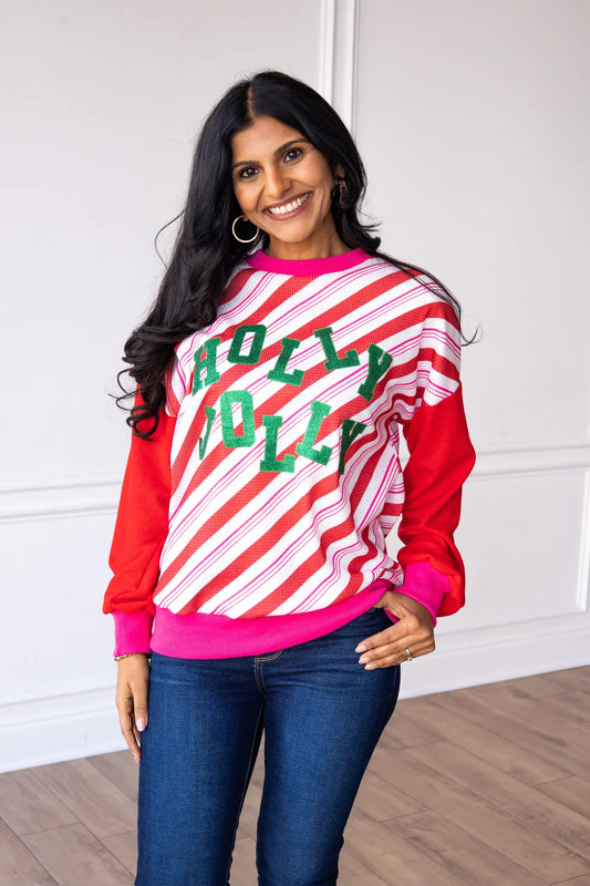 Womens Candy Cane Striped Top With Holly Jolly