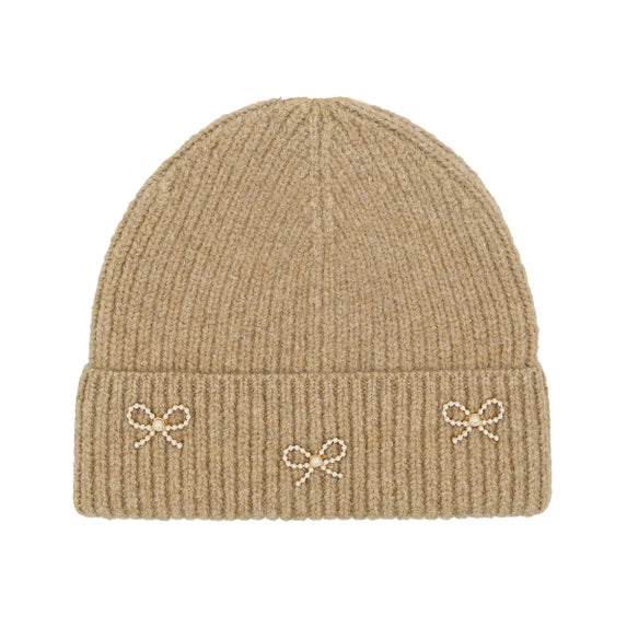 C.C Kids Pearl Bow Embellished Cuff Beanie Taupe