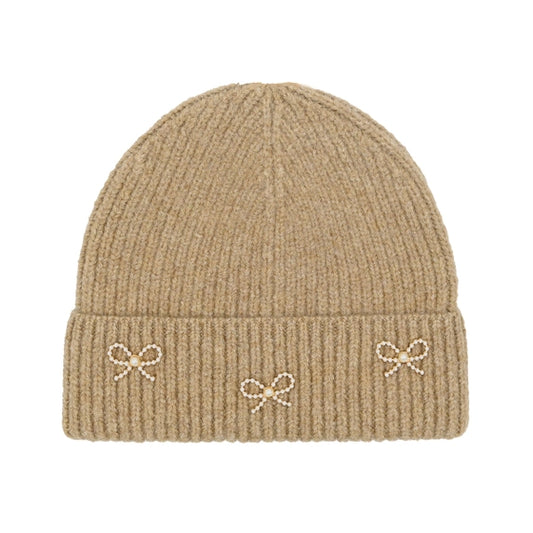 C.C Kids Pearl Bow Embellished Cuff Beanie Taupe