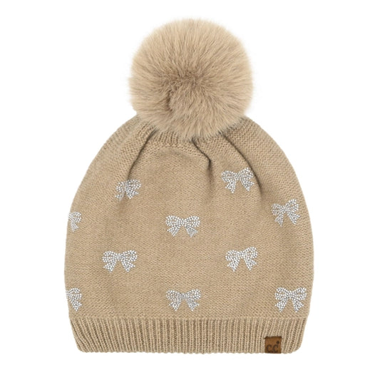 C.C Kids Allover Mini Rhinestone Bow Faux Fur Pom Beanie Taupe