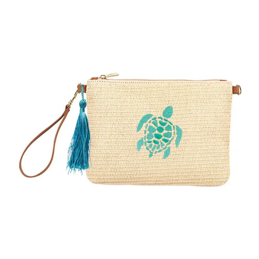 Viv & Lou Mint Turtle Embroidered Hilton Wristlet