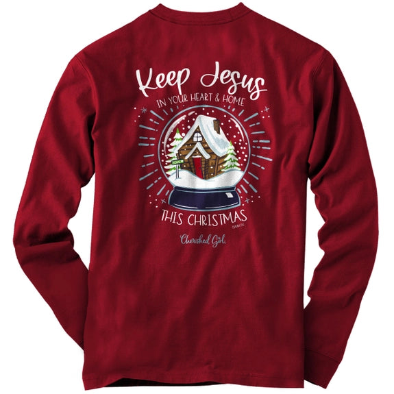 Womens Cherished Girl Snow Globe Cardinal Red Long Sleeve T-Shirt