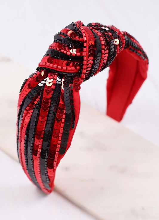 Natasha Sequin Striped Headband RED BLACK