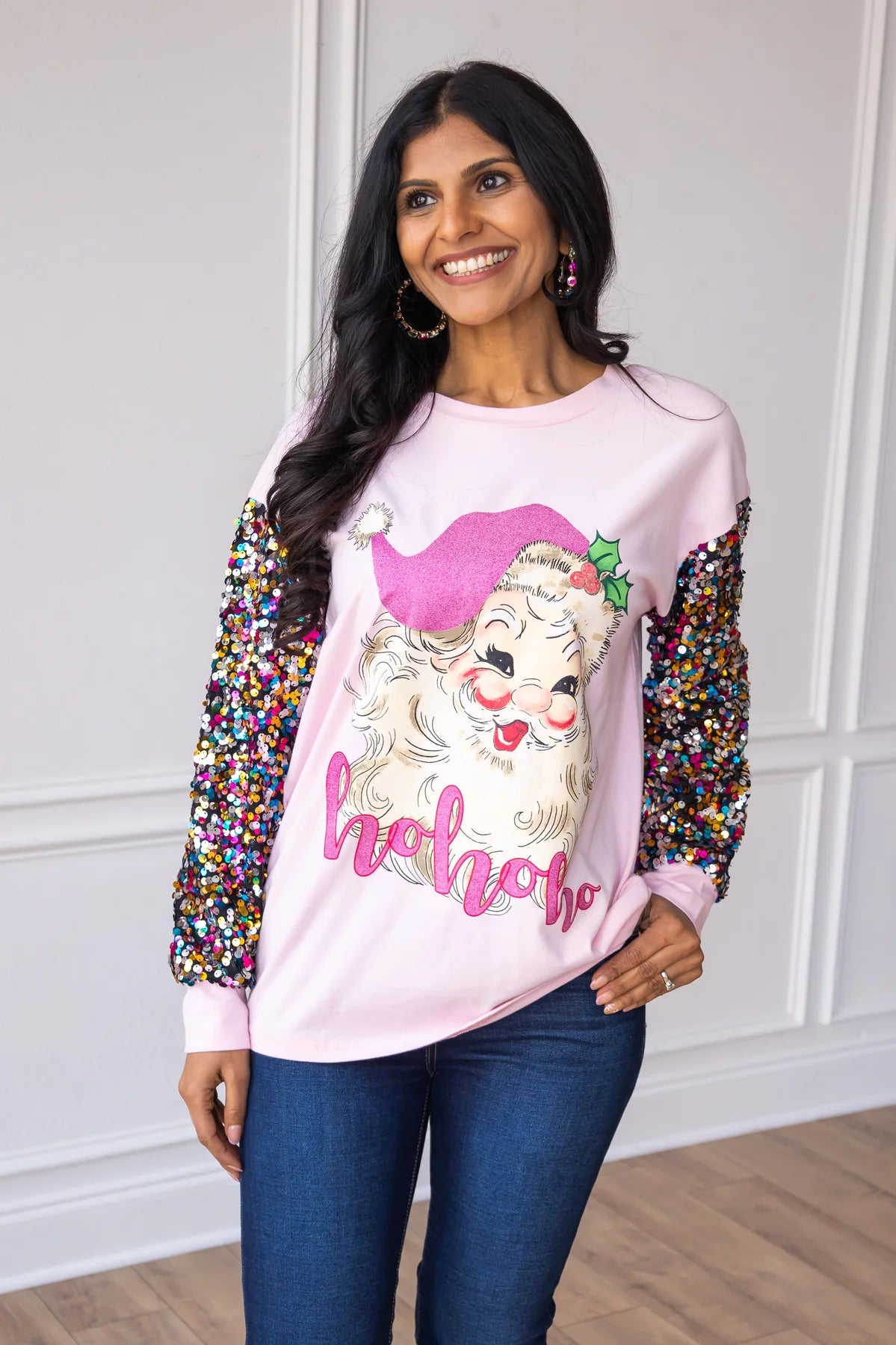 Womens Santa on Pink Sweatshirt with Sequin Sleeves