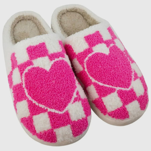 Hot Pink Heart Checker Valentine's Day Slippers For Women