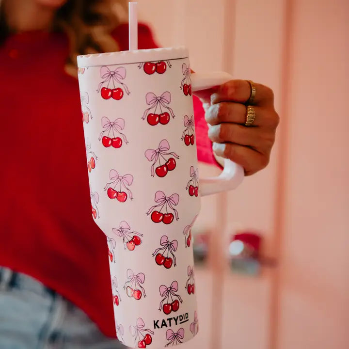 Katydid Light Pink Cherry Bow 38 oz Tumbler Cup