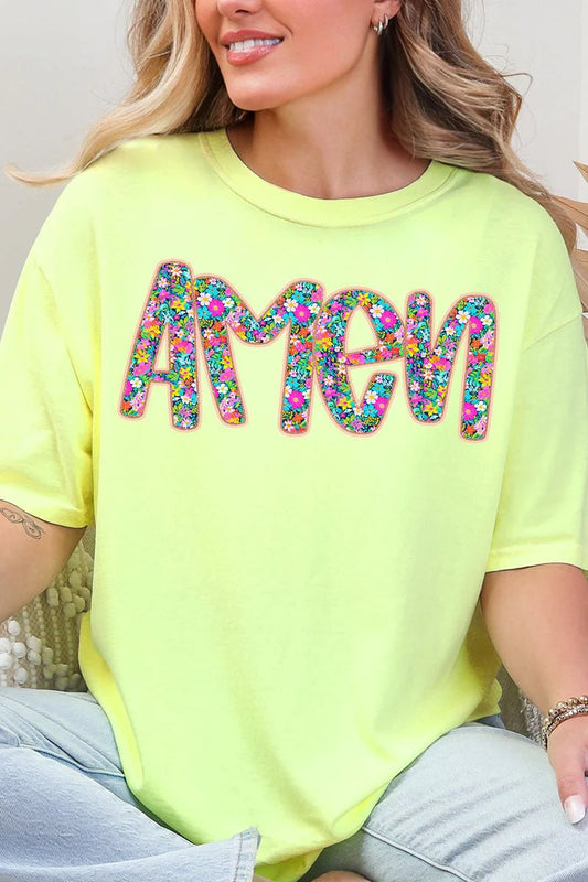 Womens Radiant Amen Floral Neon Lemon Comfort Colors Tee
